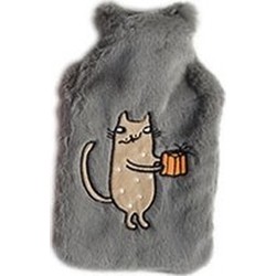 Warmwaterkruik lichtgrijs pluche met bruine katten/poezen afbeelding 2 liter - Kruiken