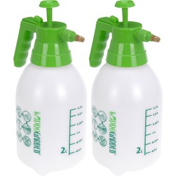 Set van 2x stuks drukspuiten / plantenspuiten met hand pomp wit/groen 2 liter - Plantenspuiten