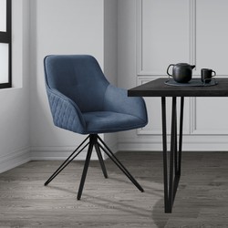 Draaibare eetkamerstoel in blauw geweven stof met rugleuning en armleuningen ML design