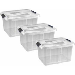 Hega hogar opbergbox - 3x - transparant/zilvergrijs- 30L - 49 cm - Opbergbox