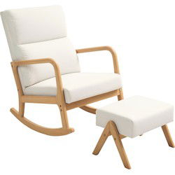 HOMCOM Schommelstoel met Kruk, Zachte Bekleding, Linnenlook, Houten Frame, Crèmewit