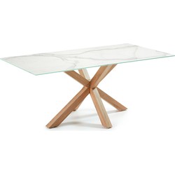 Kave Home - Argo tafel afgewerkt in Kalos wit porselein en stalen poten met houteffect 180 x 100 cm