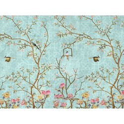 Sanders & Sanders fotobehang bloemen en vogels blauw, roze en geel - 3,6 x 2,7 m - 601000