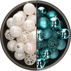 74x stuks kunststof kerstballen mix van parelmoer wit en turquoise blauw 6 cm - Kerstbal