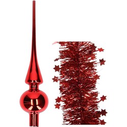 Kerstversiering glazen piek glans 26 cm en sterren folieslingers pakket rood van 3x stuks - kerstboompieken