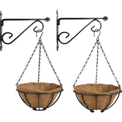 Set van 2x stuks Hanging baskets 25 cm met muurhaken - metaal - complete hangmand set - Plantenbakken