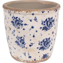 Clayre & Eef Bloempot Binnen  Ø 15x14 cm Beige Blauw Keramiek Roosjes Plantenpot