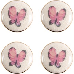 Clayre & Eef Deurknop Set van 4  Ø 3 cm Roze Beige Keramiek Vlinder Meubelknop