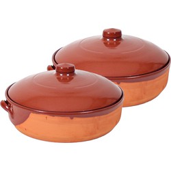 2x Terracotta braadpannen/ovenschalen met deksel 28 cm - Braadpannen