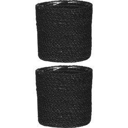 2x stuks naturel zwart rotan planten pot mand van gedraaid jute/riet H14 en D14 cm - Plantenpotten