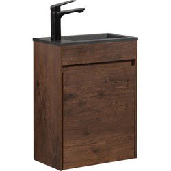 Badplaats Toiletmeubel Sinta 40 x 22 cm - Walnoot Bruin - Fonteinmeubel met Zwarte Wastafel