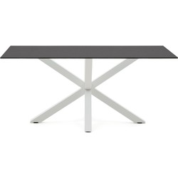 Kave Home - Argo tafel in matzwart glas en stalen poten met witte afwerking 160 x 90 cm