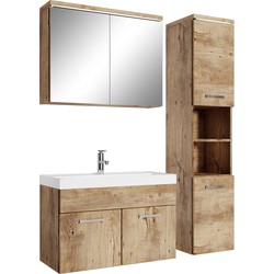 Badplaats Badkamermeubel Set Paso 80 cm - Kastanje Eiken - Badmeubel met spiegelkast en zijkast