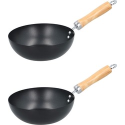 Set van 2x Wok pan houten handvat 20 cm - Steelpannen