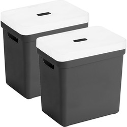 Set van 2x opbergboxen/opbergmanden zwart van 25 liter kunststof met transparante deksel - Opbergbox