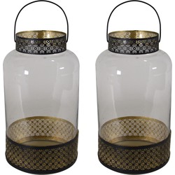 2x stuks lantaarns/windlichten zwart/goud Arabische stijl 20 x 37 cm metaal en glas - Lantaarns