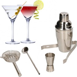 Set van 4x Martini cocktailglazen met complete 5-delige cocktailshaker set RVS - Cocktailglazen