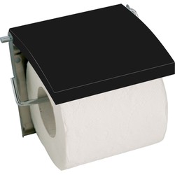 MSV Toiletrolhouder wand/muur - metaal en MDF hout klepje - zwart - Toiletrolhouders