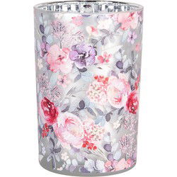 Clayre & Eef Theelichthouder Grijs Roze Glas Bloemen