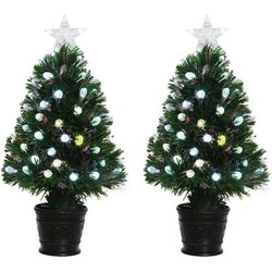 2x Groene glasvezel kunstkerstbomen 90 cm met LED knipperende lampjes - Kunstkerstboom