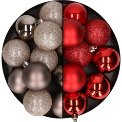 24x stuks kunststof kerstballen mix van champagne en rood 6 cm - Kerstbal