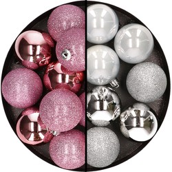 24x stuks kunststof kerstballen mix van roze en zilver 6 cm - Kerstbal