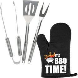 BBQ/barbecue gereedschap set 3-delig RVS met BBQ handschoen It's BBQ Time! - Barbecuegereedschapset
