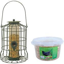 Vogel voedersilo voor kleine vogels metaal groen 36 cm inclusief 4-seizoenen mueslimix vogelvoer - Vogel voedersilo