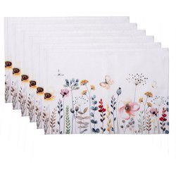 Clayre & Eef Placemats Set van 6  48x33 cm Wit Groen Katoen Rechthoek Bloemen Tafelmat