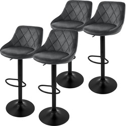 Set van 2 barkrukken 2x grijs fluwelen bekleding met rugleuning en voetensteun in hoogte verstelbaar 62-82cm ML-Design