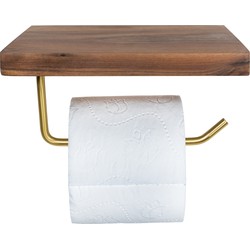 QUVIO Toiletrolhouder metaal met telefoon plank - Donker hout + goud