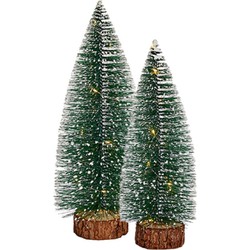 Kleine/mini decoratie kerstboompjes set van 2x st met licht 30-35 cm - Kerstdorpen