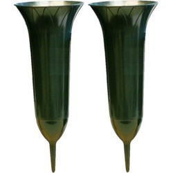 Grafvaas groen - 2x - 31 cm - kunststof - met prikker - begraafplaats - Vazen