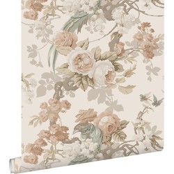 ESTAhome behang bloemen en vogels beige - 50 x 900 cm - 139807