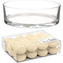 Cadeau set Lage luxe vaas 25 cm met creme witte drijfkaarsen - Drijfkaarsen