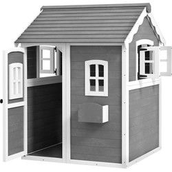 Outsunny Speelhuis voor Kinderen, Indoor en Outdoor Speelhuis met Deur, Ramen en Plantenbak, Dennenhout, Grijs