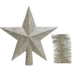 Kerstversiering kunststof glitter ster piek 19 cm en folieslingers pakket champagne van 3x stuks - kerstboompieken