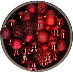 74x stuks kunststof kerstballen mix van rood en donkerrood 6 cm - Kerstbal