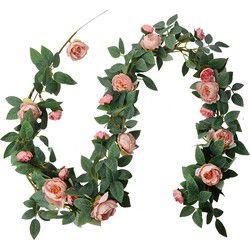 Clayre & Eef Kunstbloem Guirlande 150 cm Roze Groen Kunststof Rozen