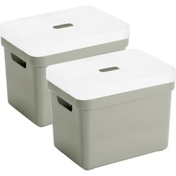 Set van 2x opbergboxen/opbergmanden lichtgroen van 18 liter kunststof met transparante deksel - Opbergbox