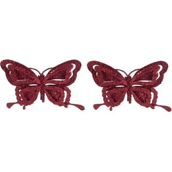 2x Kerstversieringen vlinder op clip glitter bordeaux rood 14 cm - Kersthangers