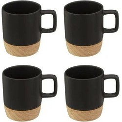 Set van 4x koffiekopjes/espressokopjes aardewerk zwart 120 ml bamboe onderzetter - Koffie- en theeglazen