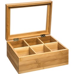 Decopatent® Theedoos 6 vaks - Design theedoos met doorzichtig venster - Theebox met Optil deksel - Bamboe Hout - 6 vakken theekist