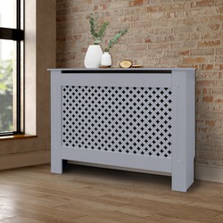 Radiatorbekleding met honingraatmotief 112x19x82 cm grijs, vervaardigd van MDF