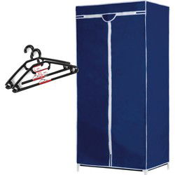 Set van mobiele opvouwbare kledingkast met blauwe hoes 160 cm en 10x plastic kledinghangers zwart - Campingkledingkasten