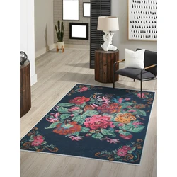 Adrasos Vintage Zwart vloerkleed - Gebloemd Wasbaar & Waterdicht - 120 X 170 CM