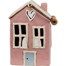 Clayre & Eef Waxinelichthouder Huis 16x11x21 cm Roze Beige Keramiek Theelichthouder