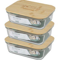 Bambou & Co Voedsel bewaarbakje/vershoudbakje - 3x - bamboe deksel - 1500 ml - ovenbestendig glas - Vershoudbakjes