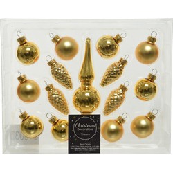 Decoris Mini kerstballen D3 cm - met piek - set 15-dlg - goud - glas - Kerstbal