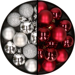 36x stuks kunststof kerstballen zilver en donkerrood 3 en 4 cm - Kerstbal